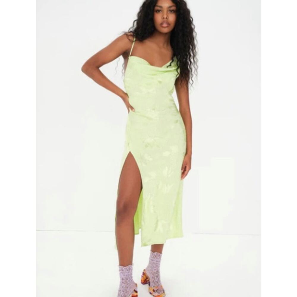 For Love & Lemons Ilana Midi Dress Green Womens Size S Satin Jacquard Side Split